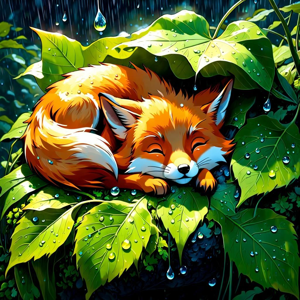 Fox Sleeping in Rain: Digital Illustration