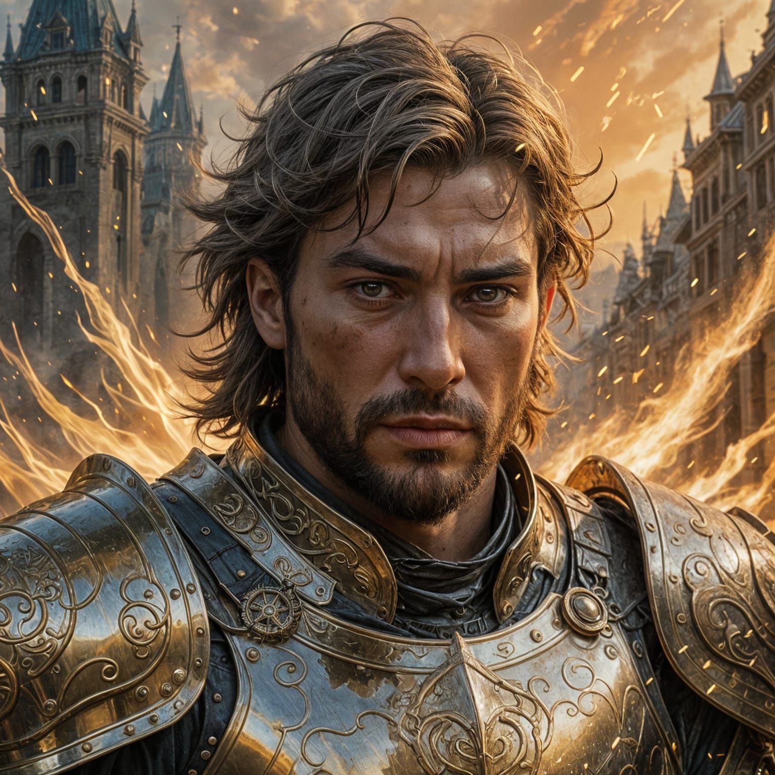 Handsome Warrior in Battle-Worn Armor, Surreal Impressionism