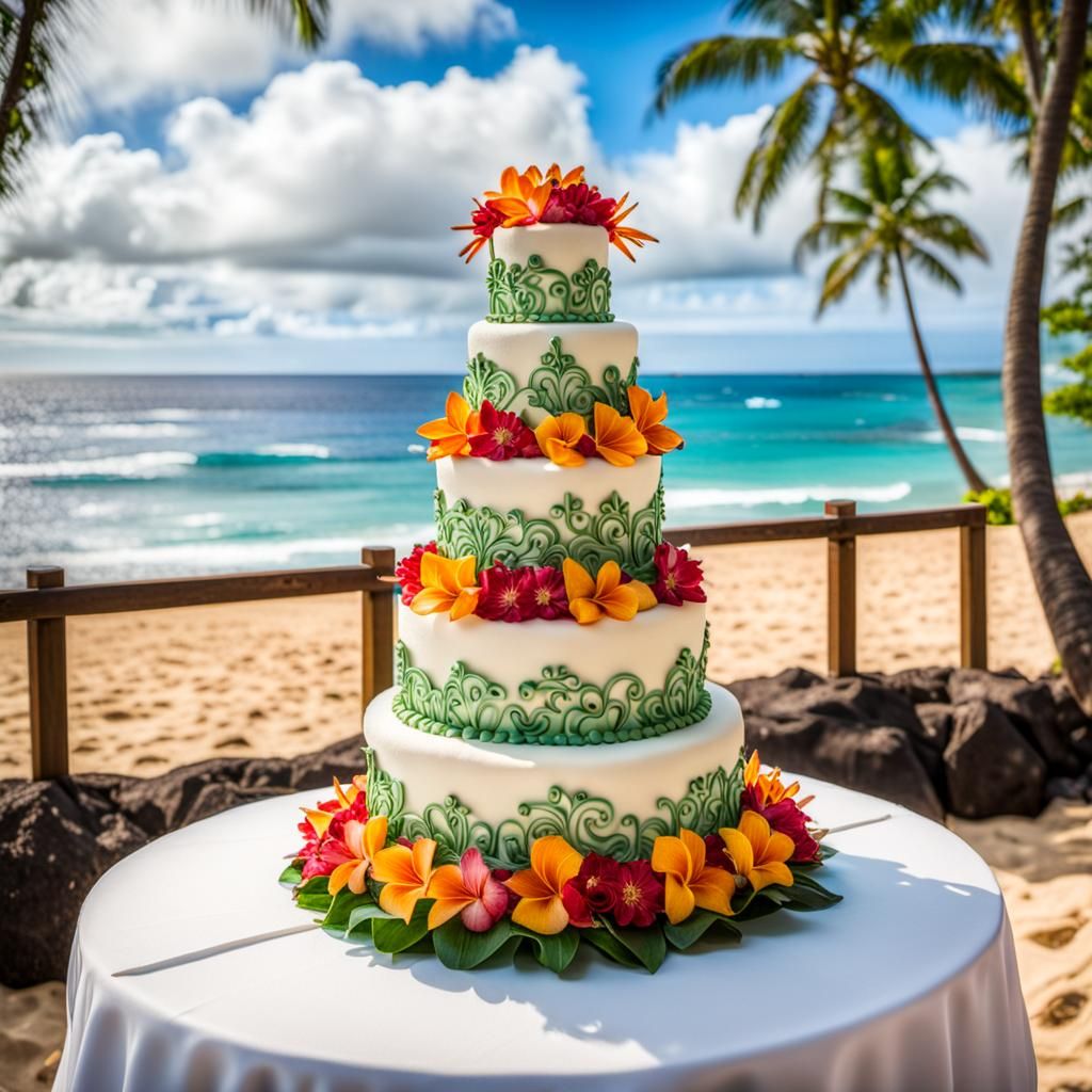 Hawaiian Beach Wedding Cakes: Hyperrealistic 64 Megapixel Im...