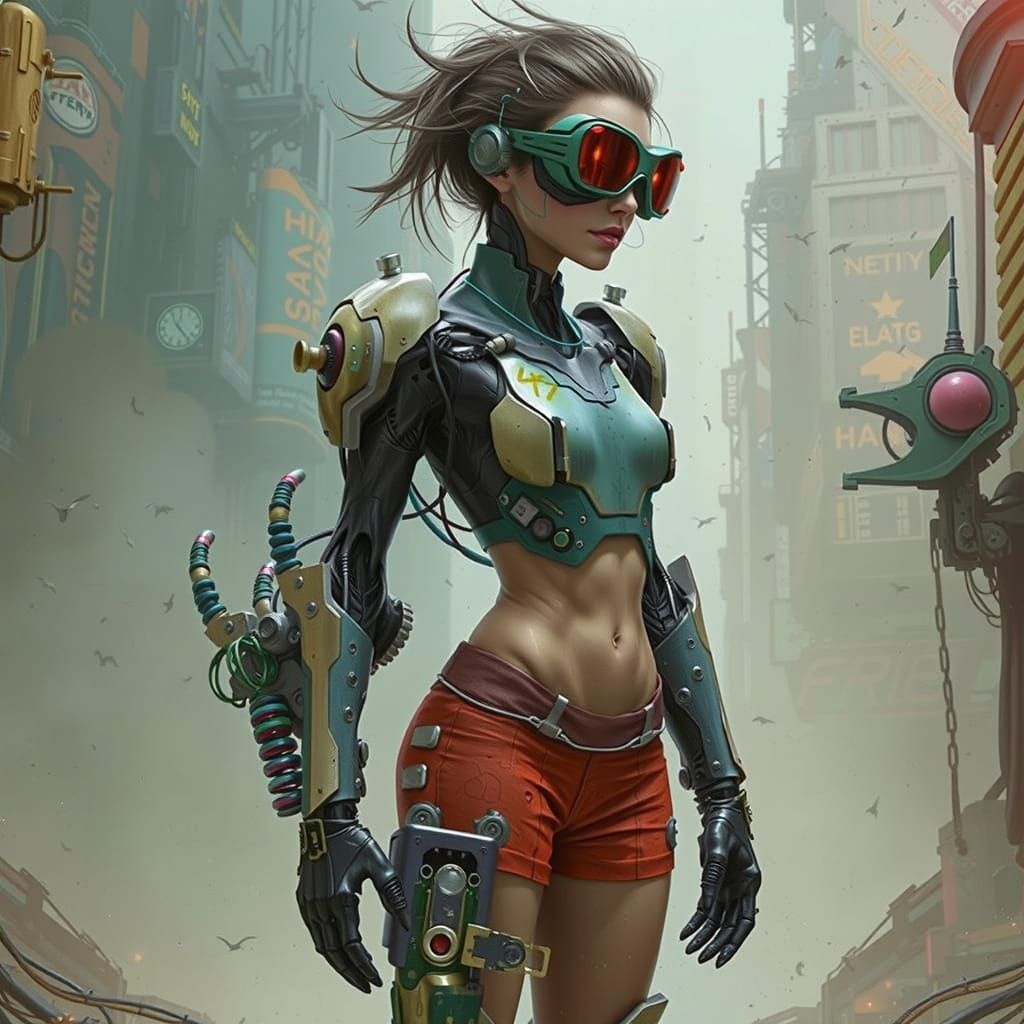 Heroic Cyberpunk Woman in Neon Cityscape