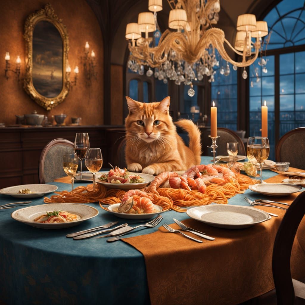 Sophisticated Cat at an Elegant Dinner Table