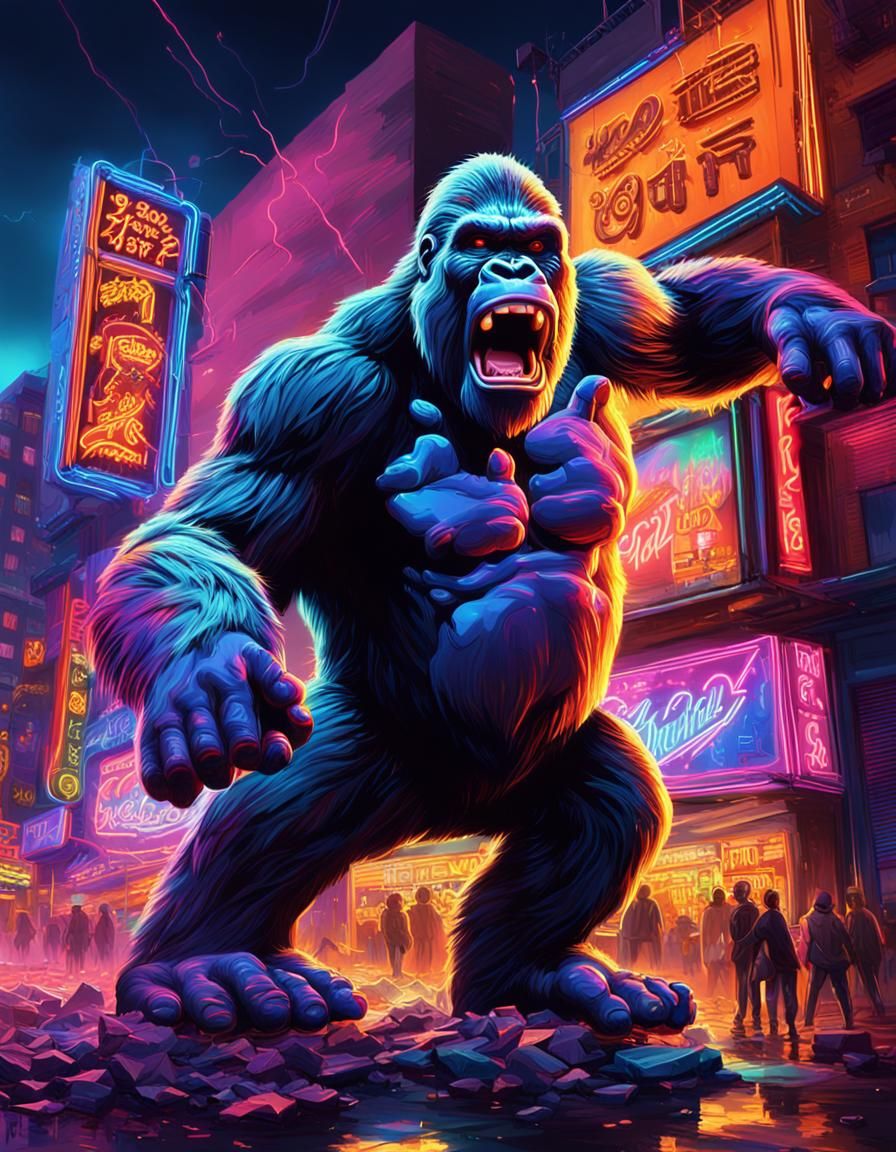 King Kong Wrecks City in Hyperrealistic Neon Art