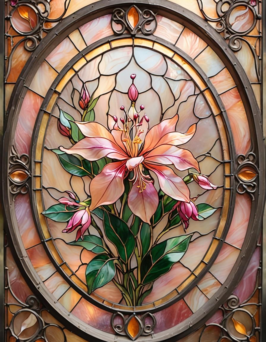 Luminous Stained Glass Flower in Oval Frame