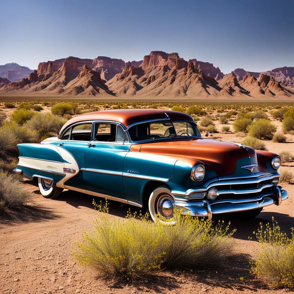 Classic American Car in Desert Landscape
