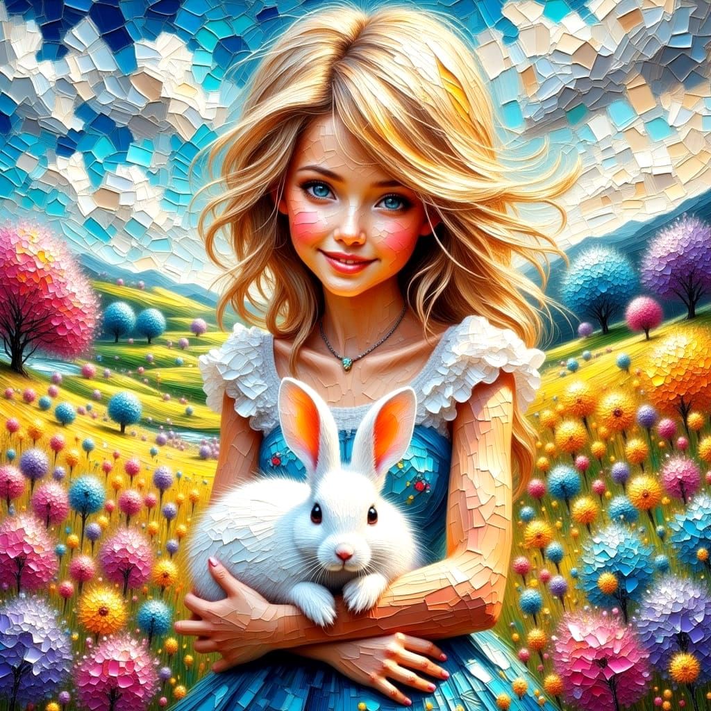 Vibrant Portrait of a Girl and Her White Rabbit in a Golden ...