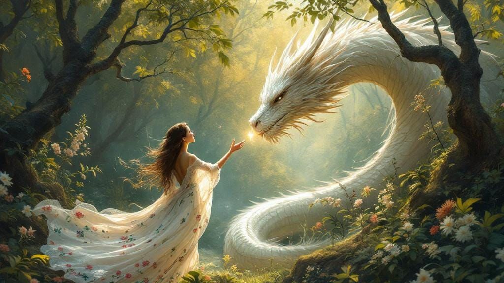 Woman and Dragon in Mystical Forest Art