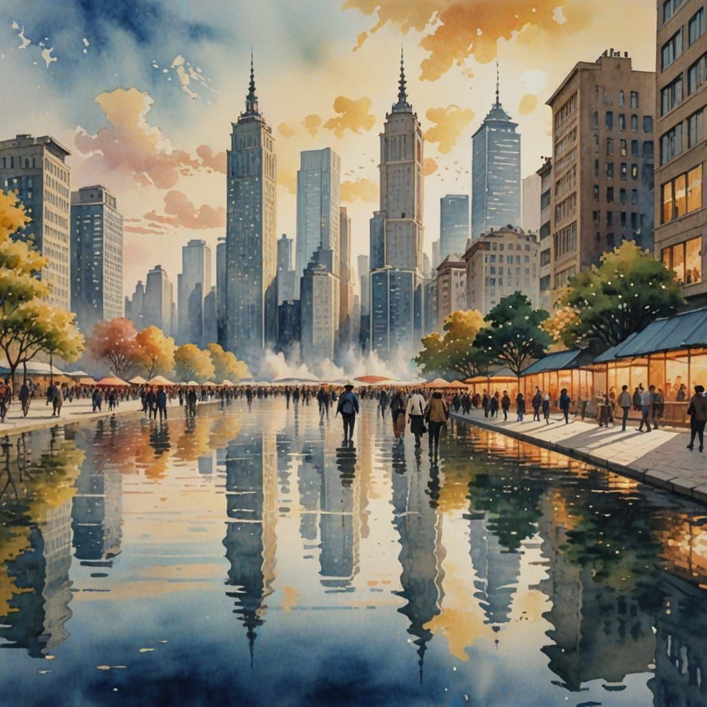 City Life in Golden Hues, Watercolor Style