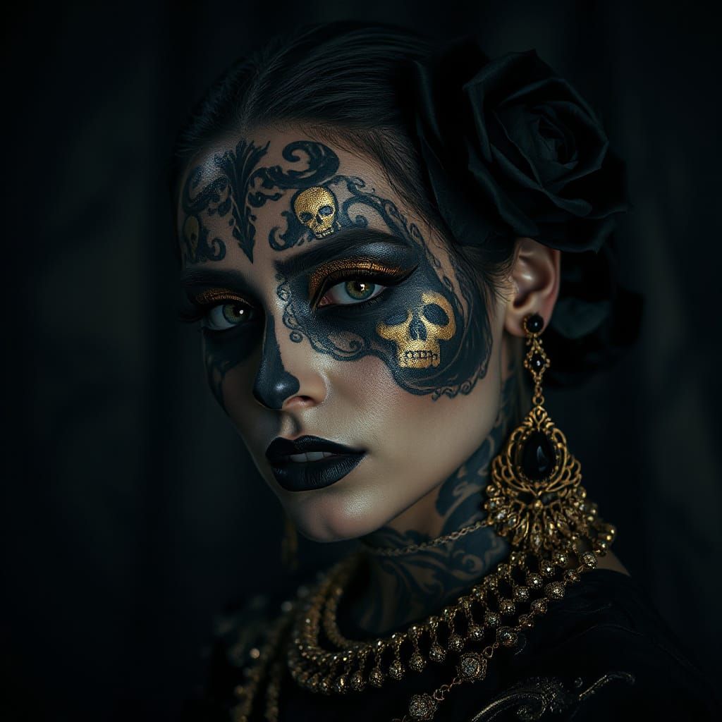 Gothic Fantasy Woman Portrait With Glowing Eyes And Skull Ma...