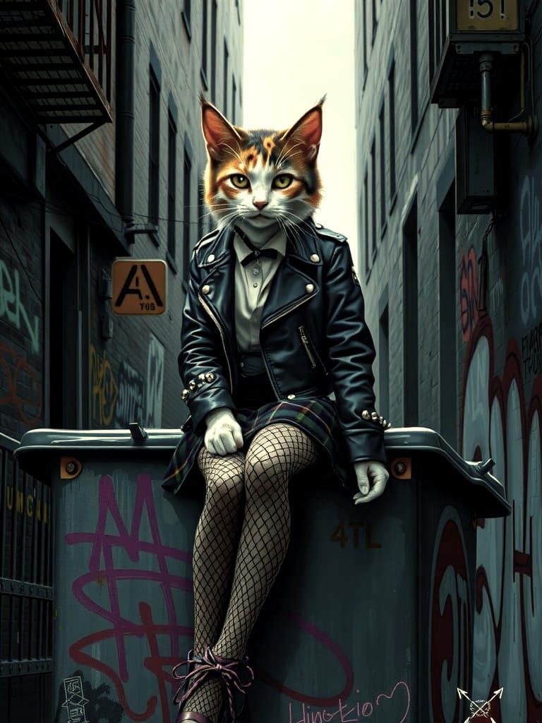 Cyberpunk Calico Cat in Dark Realist Attire