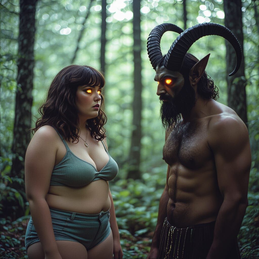 Hypnotized Brunette in Forest: Surreal Cinematic Still