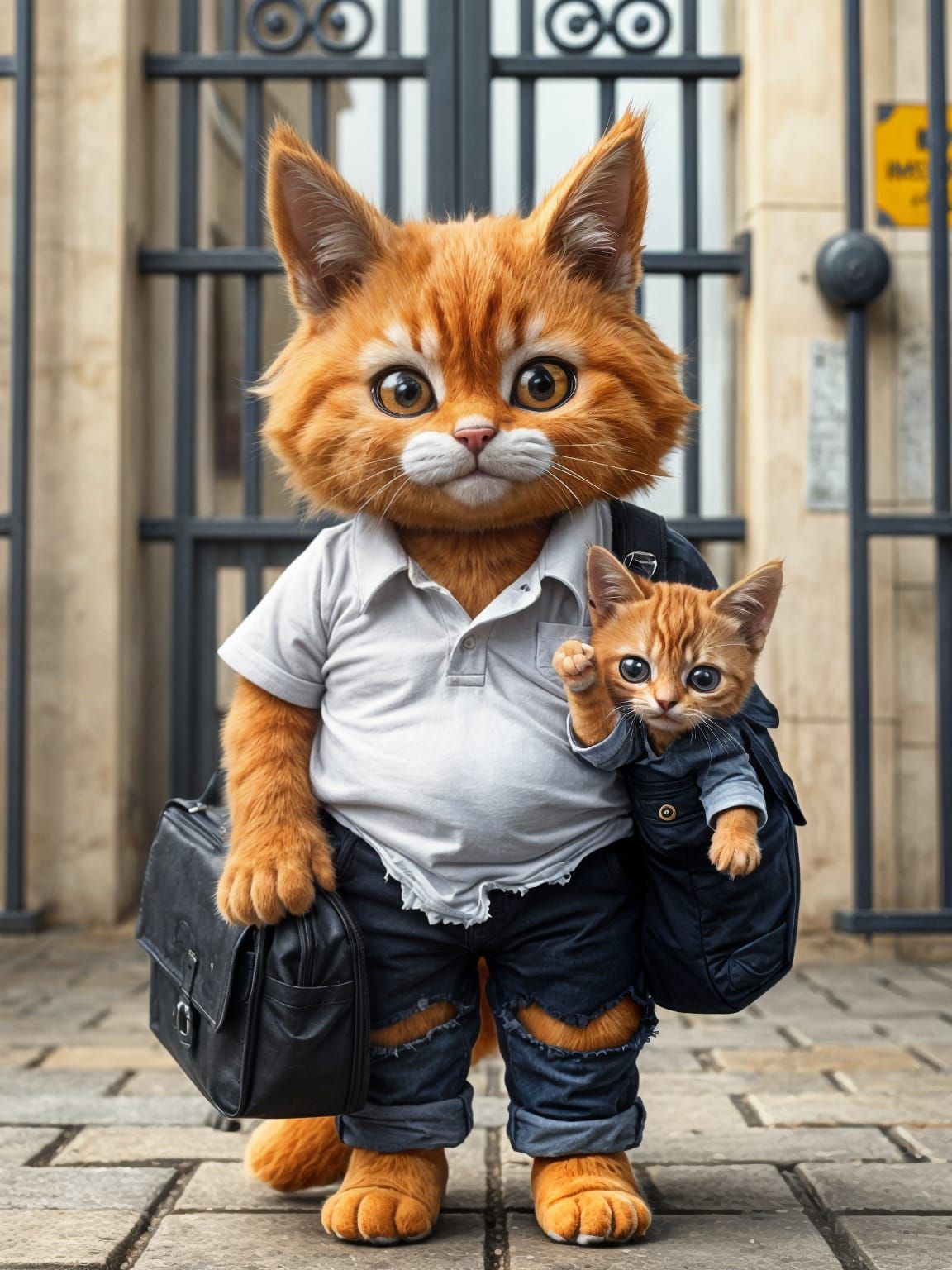 Father and kitten back to catschool