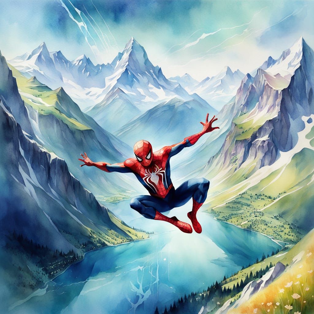 Spiderman Leaps Through Swiss Alps in Watercolor Style