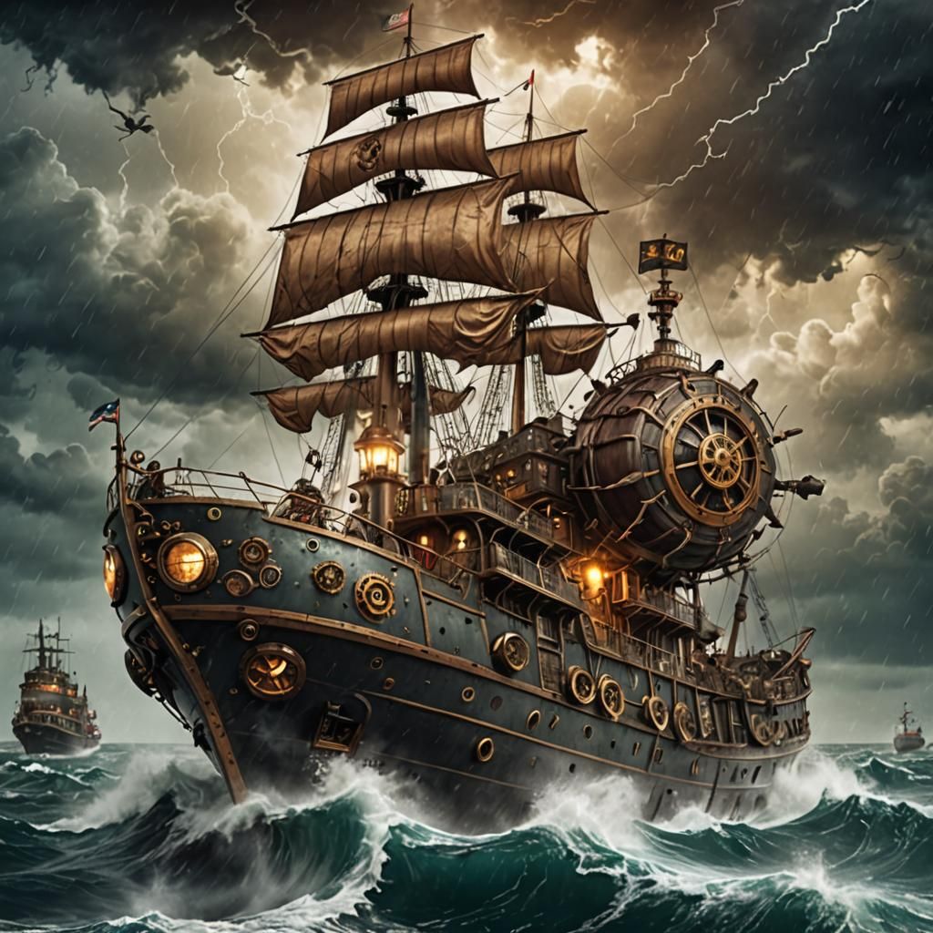 Steampunk Superhero Battles Stormy Seas Near Ship
