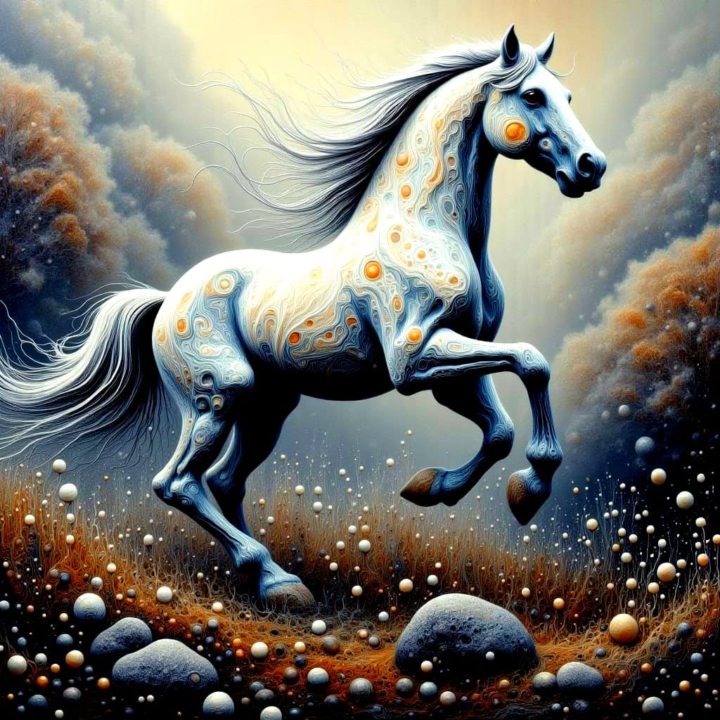 Ethereal Prancing Horse in Misty Landscape