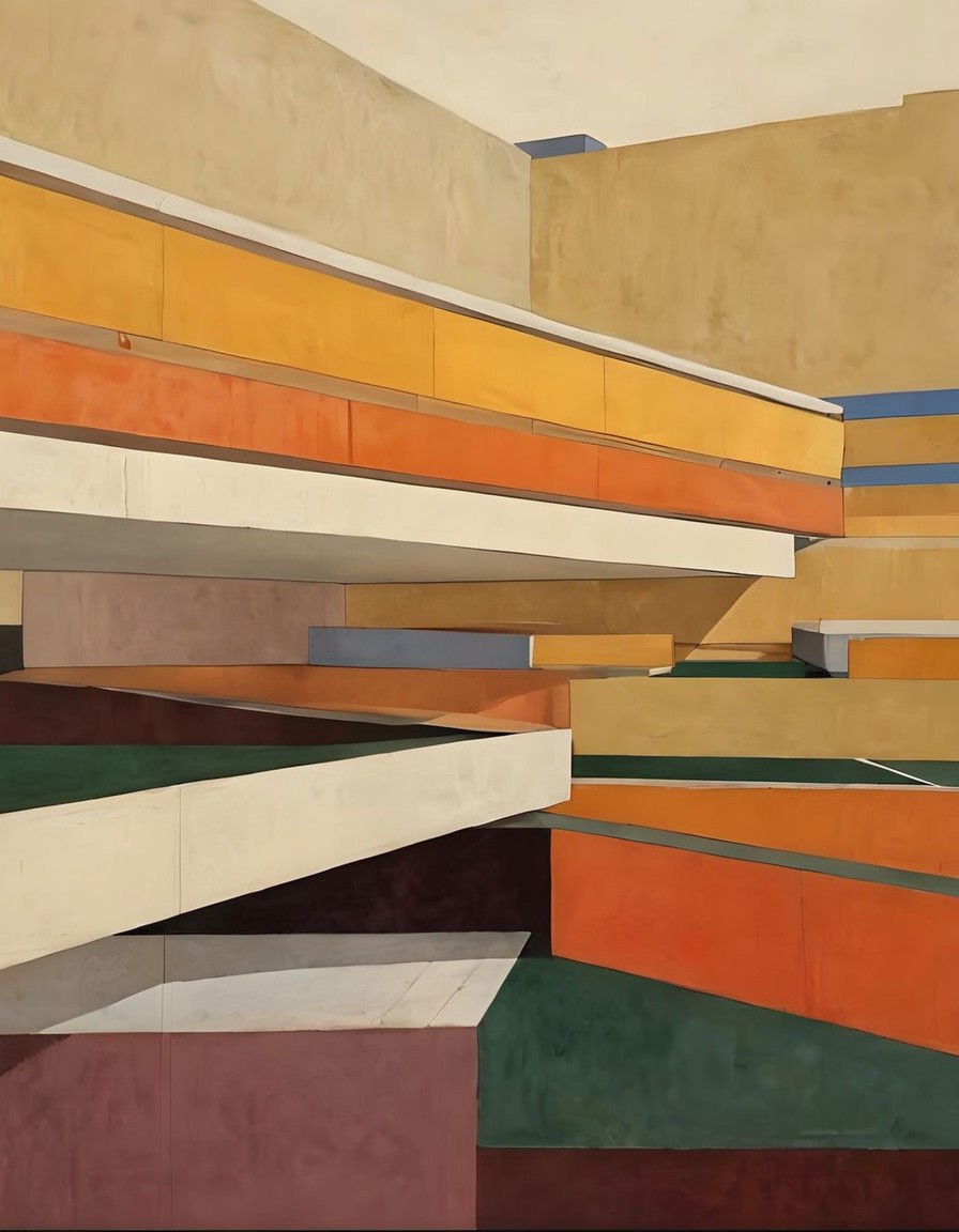 Muted Architectural Landscapes with Vibrant Accents in a Rea...