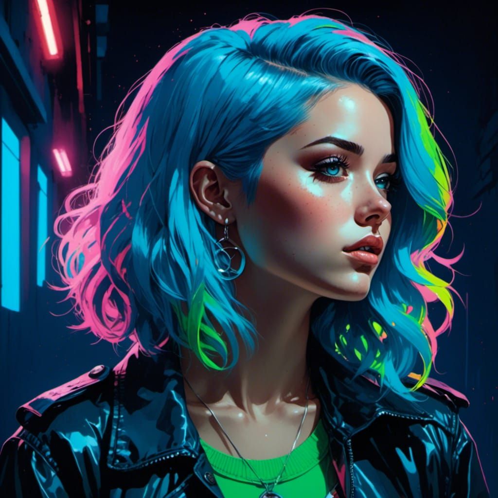 Retro Portrait of Girl with Pastel Hair and Neon Highlights