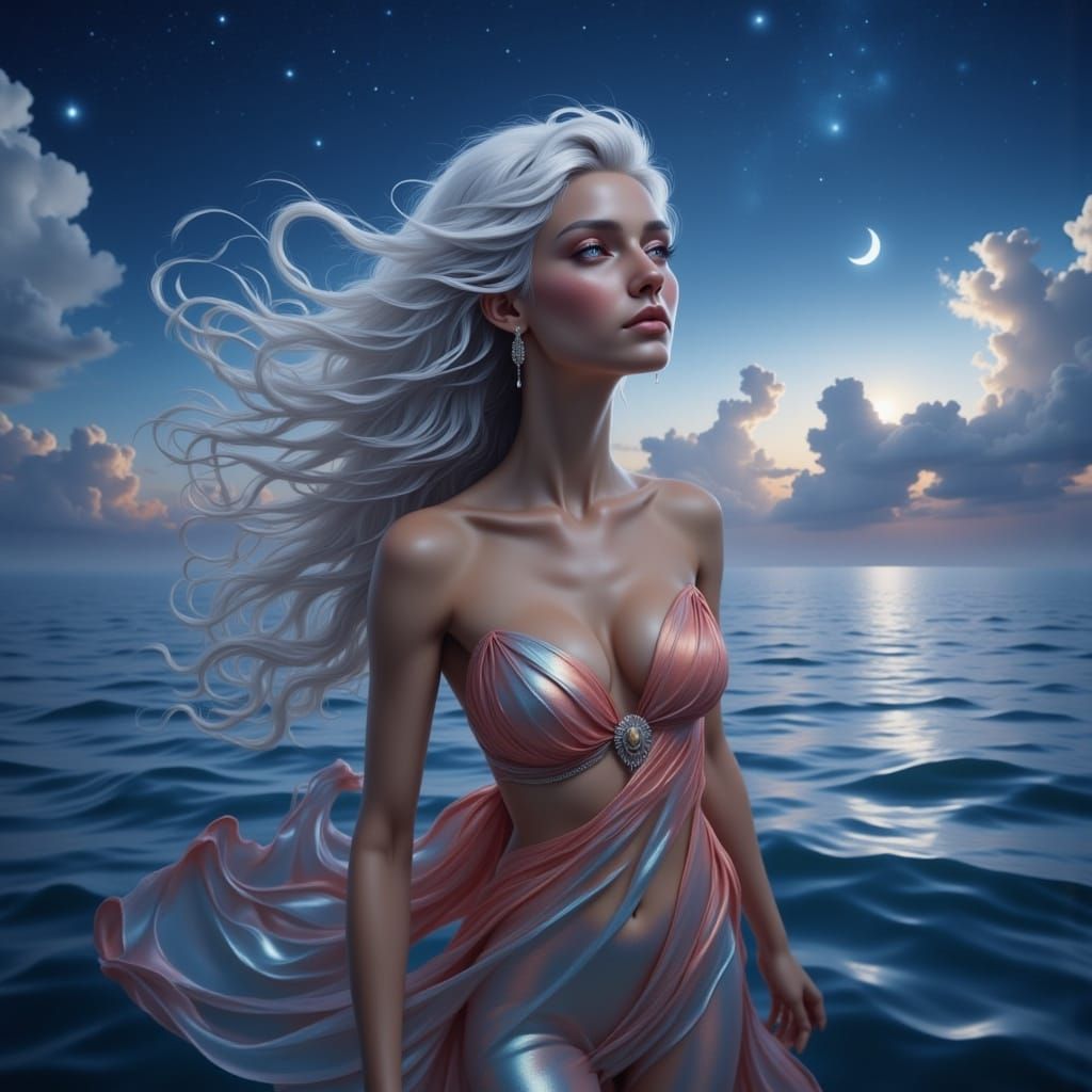 Celestial Goddess Floats Above Tranquil Ocean at Twilight