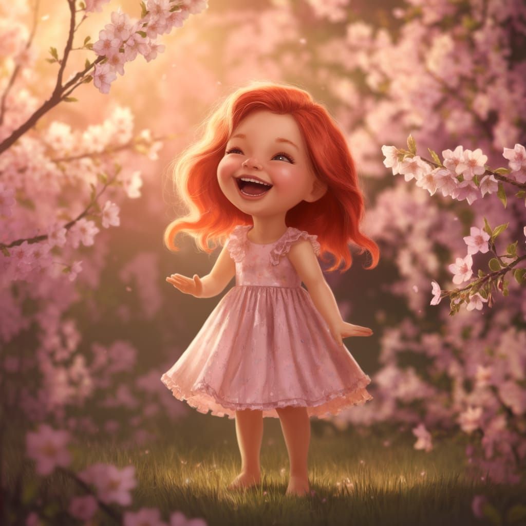 Whimsical Redheaded Girl in Blooming Garden