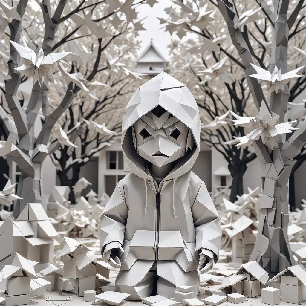 Origami Tengu in Pain by a Maple Tree