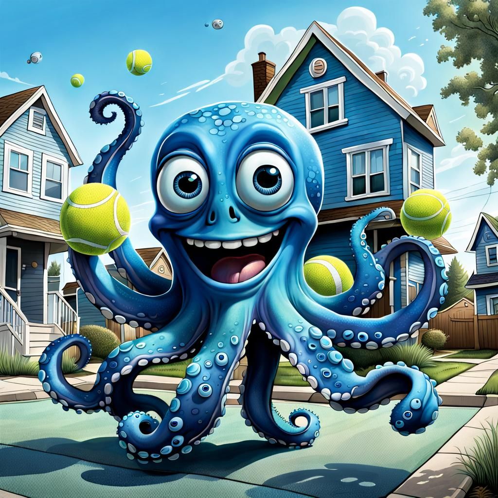 Whimsical Blue Octopus Juggler in Suburban Setting