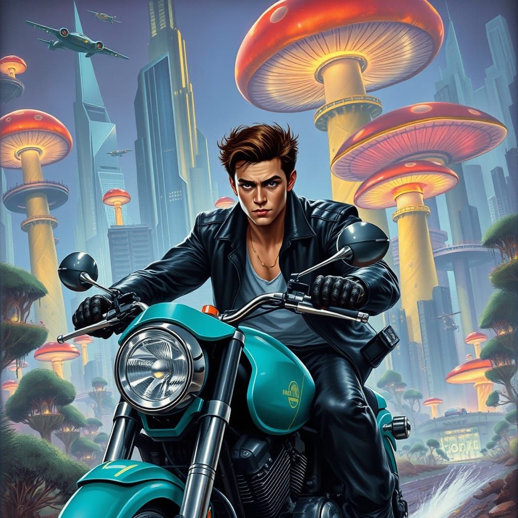 Riding Through a Neon Cityscape in a Futuristic Landscape