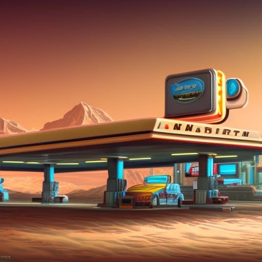 Retro Gas Station on Mars: Detailed Matte Painting