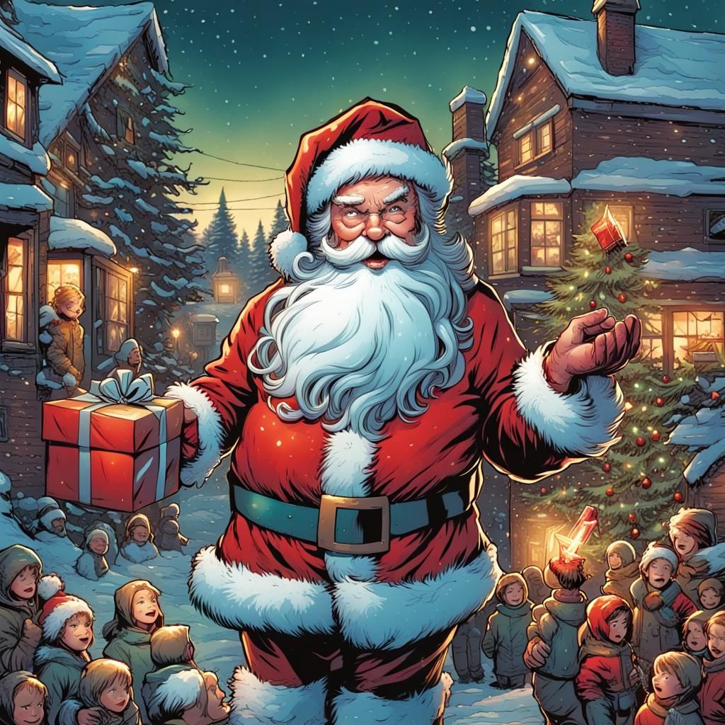 Santa and Children with Gifts in Comic Book Art