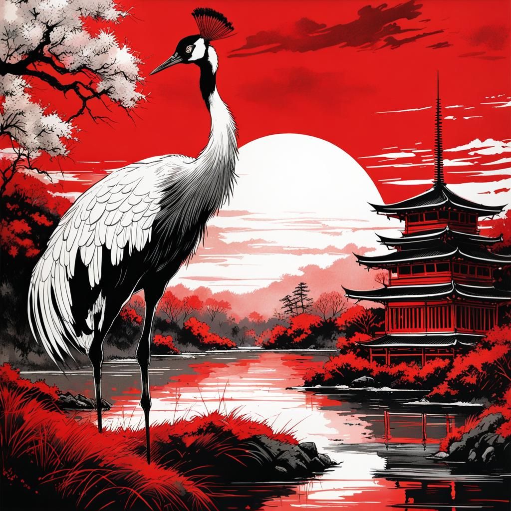 Red Crowned Crane in Japanese Marsh: Ink Drawing