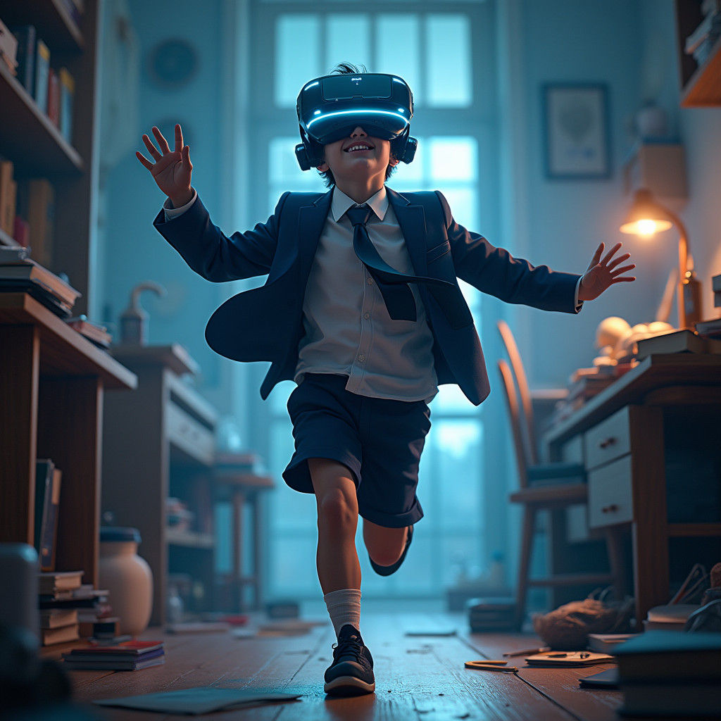 Teenager Immersed in VR Headset Runs Through Cluttered Home