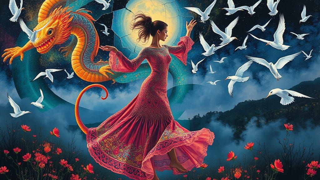 Woman Dancing in Embroidered Dress, Fluid Gouache Painting