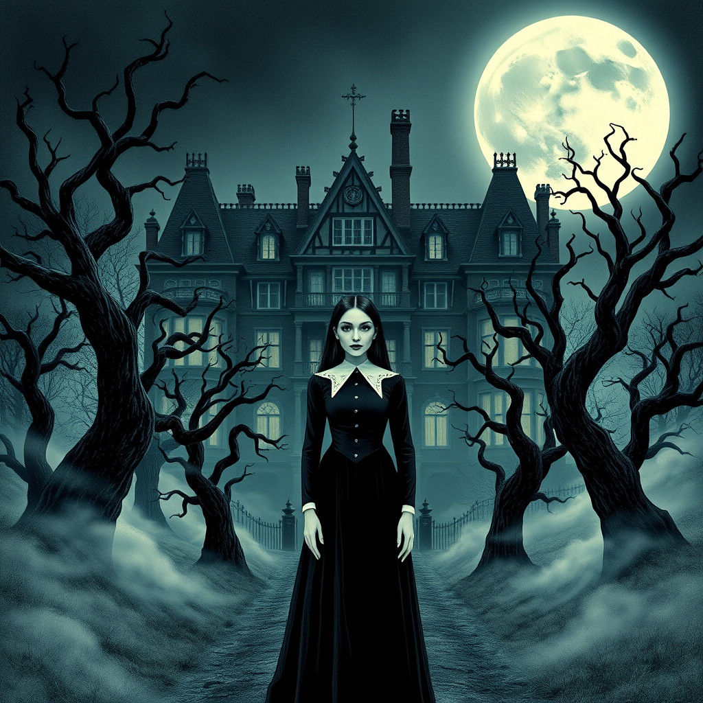 Wednesday Addams in Gothic Setting with Eerie Moonlight