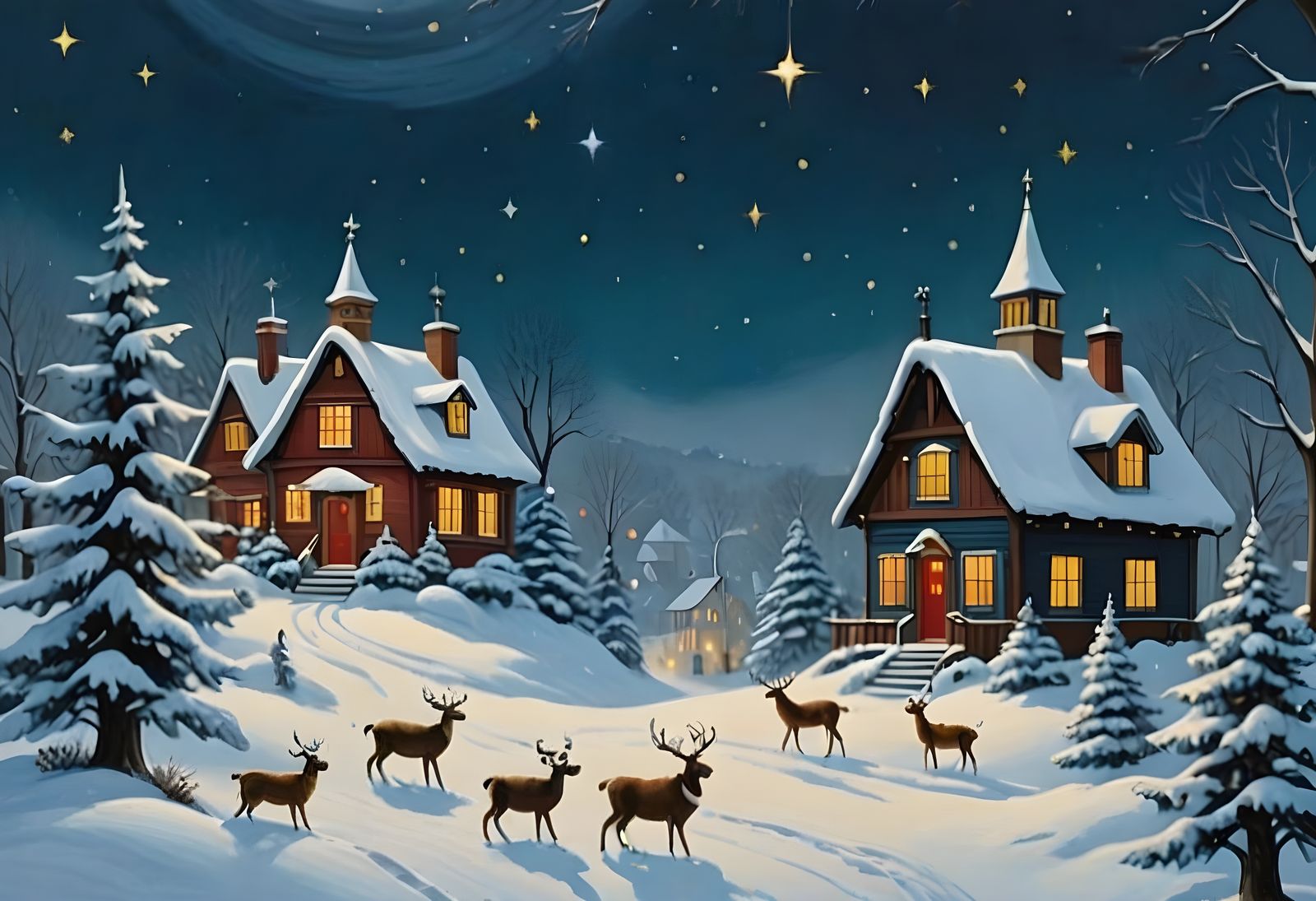 Surreal Christmas Village in Folk Art Style
