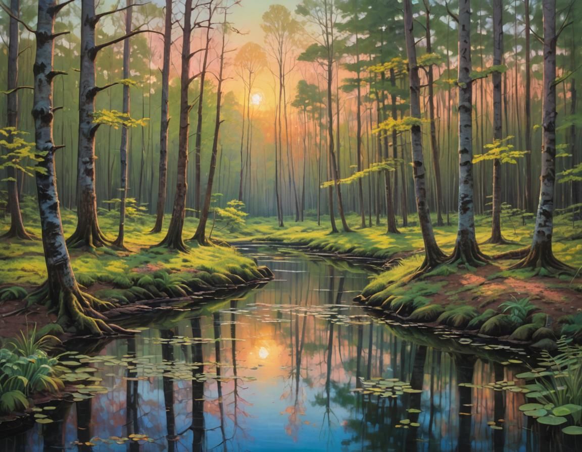 Sunset Forest: Spring Oil Painting with Pond Reflection