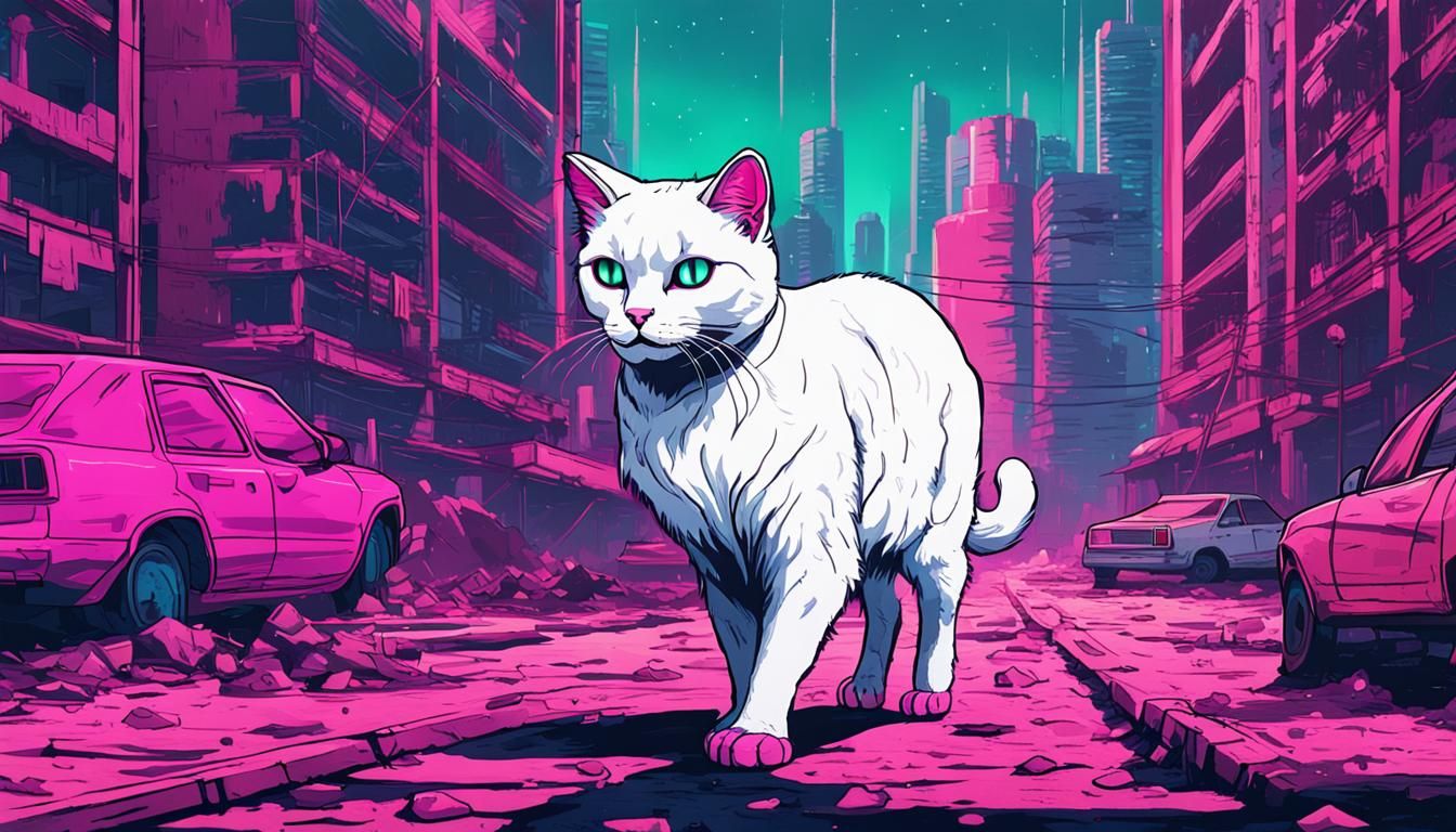 Synthwave Cat in Decaying Cityscape