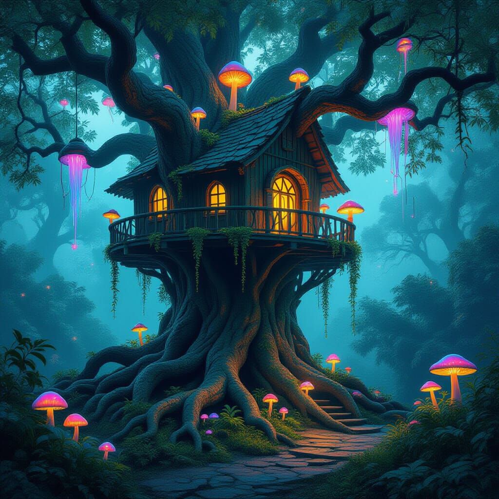 Enchanted Treehouse in Dreamlike Landscape