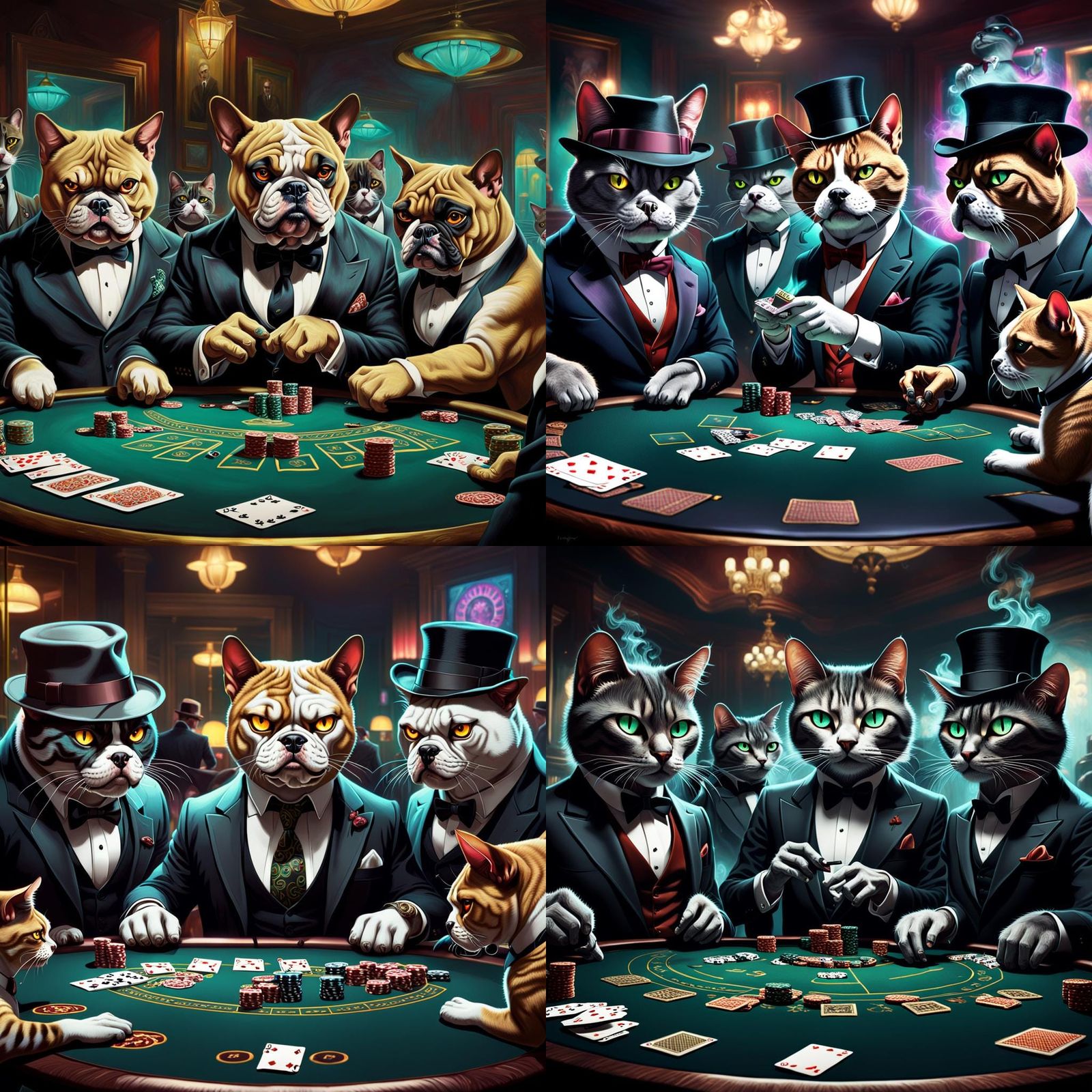 A surreal and vivid scene of four otherworldly cats, adorned...