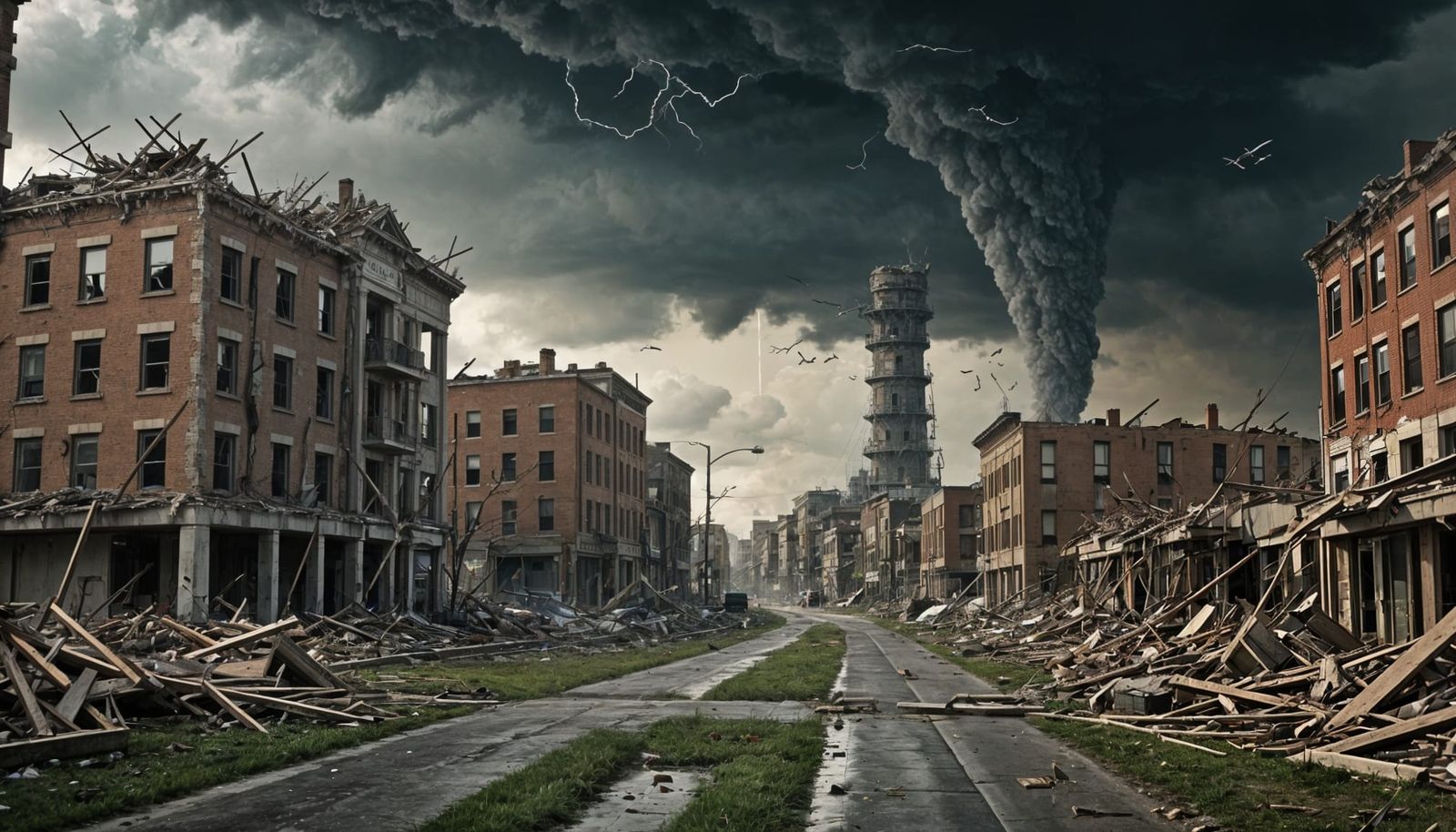 Surreal Post-Apocalyptic City Ruined by Tornado, Animals Roa...