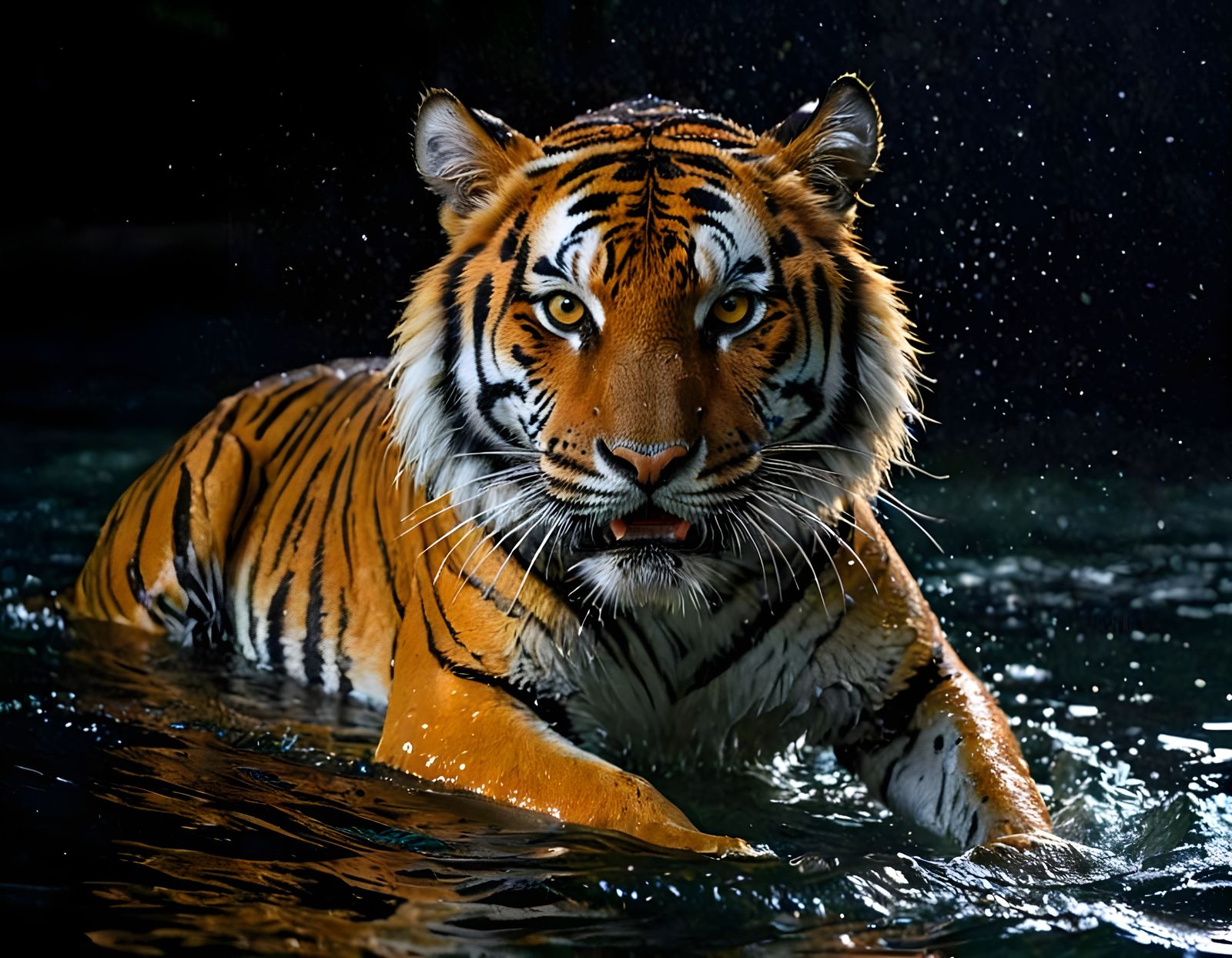 Tiger Swimming Through Glowing Water at Night