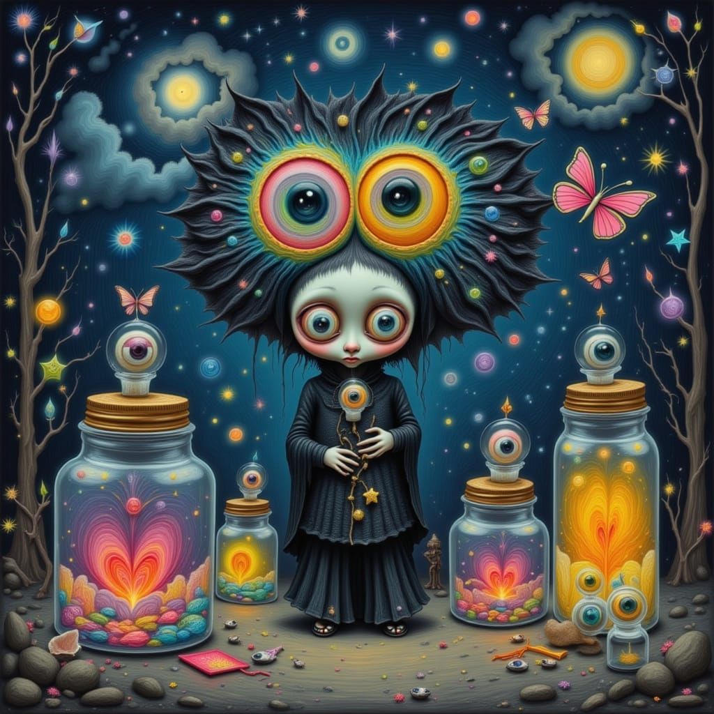 Gothic Creature Holds Jars of Dreams, Digital Painting