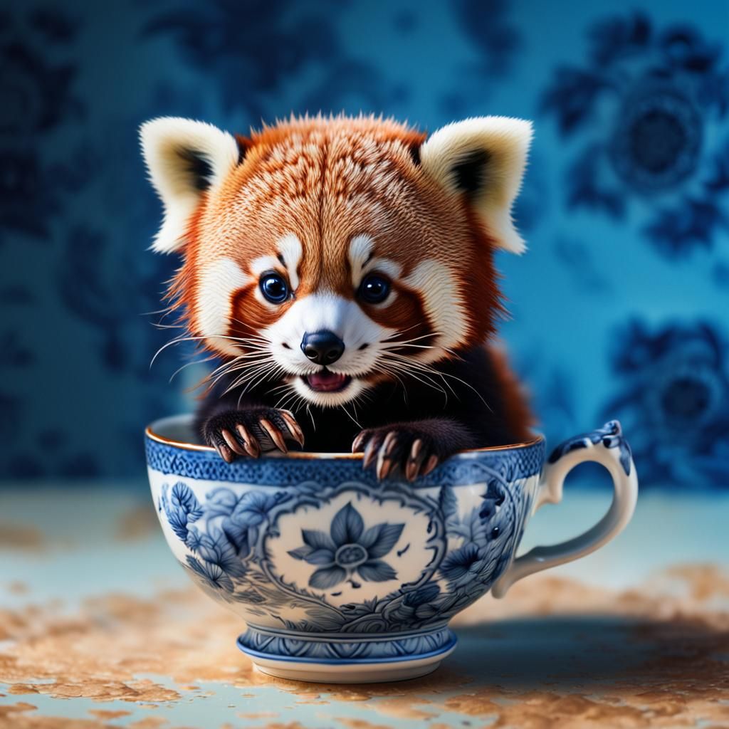 Red Panda in Teacup: Hyperrealistic Splash Art