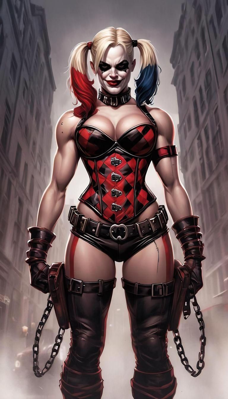 Muscular Harley Quinn and Bane Fusion in Comic Book Art