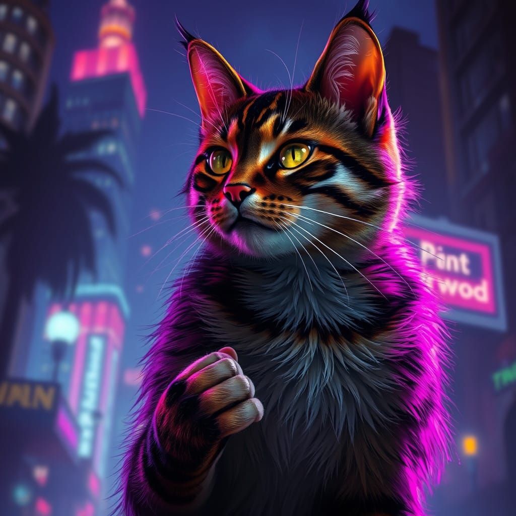 Cyberpunk Feline Goddess in Neon Cityscape
