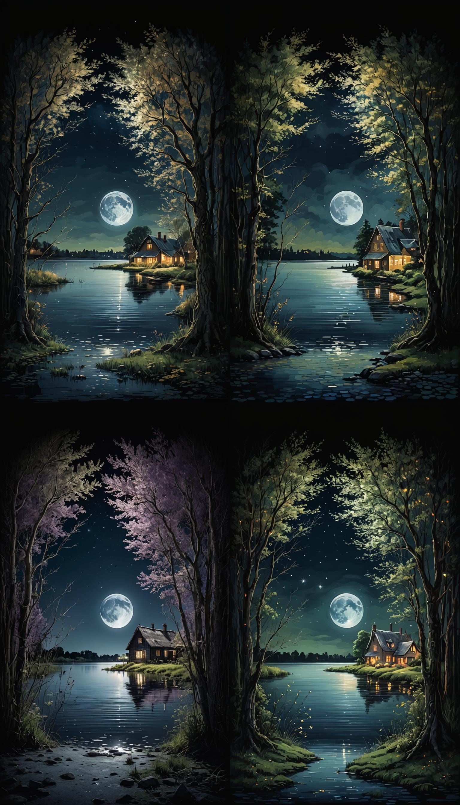 Nighttime Riverside Cottages in Digital Painting Style