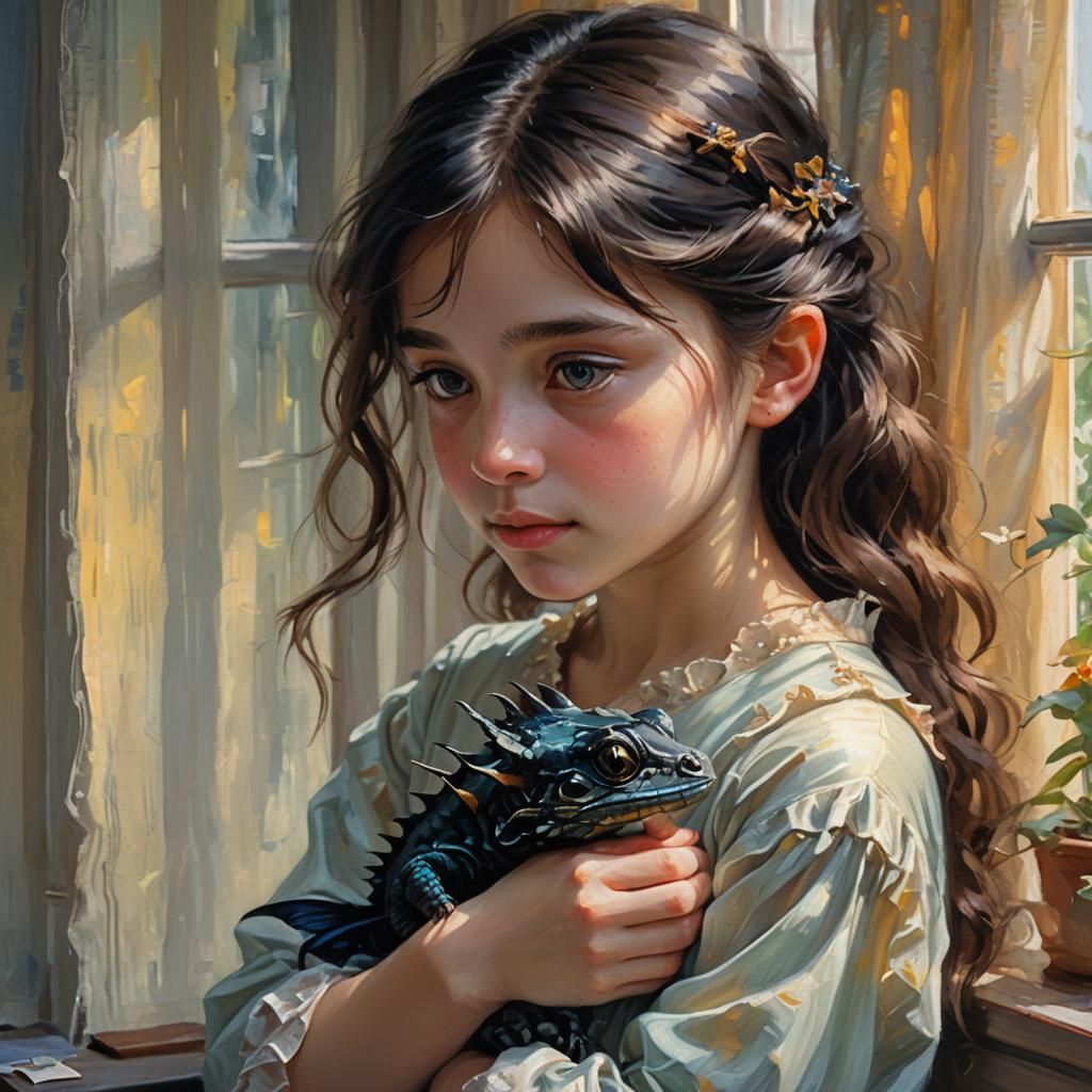 Girl Cradling Dragonet: Impressionist Fantasy Portrait