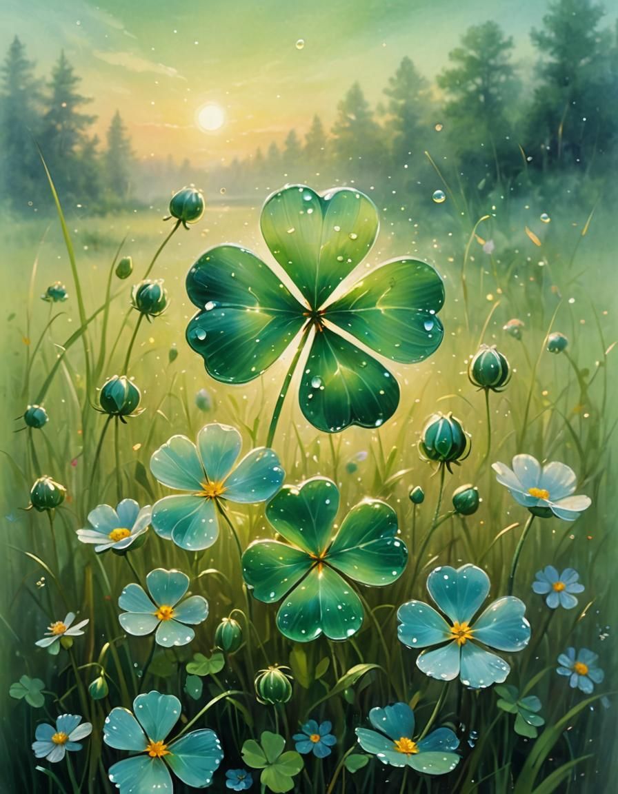 Lucky Clover in Dew, Impressionist Oil Painting