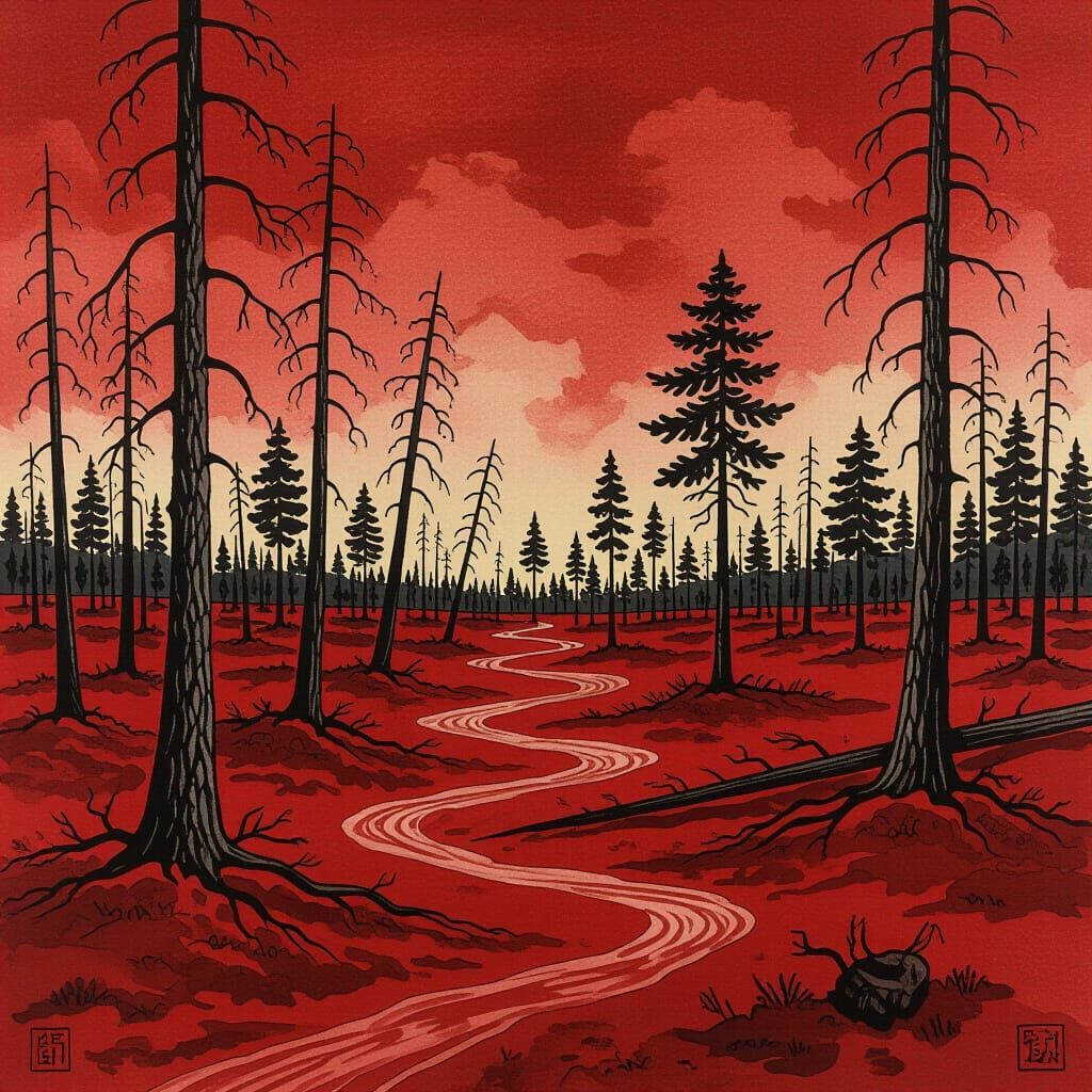 Barren Landscape in East Indian Ink Style