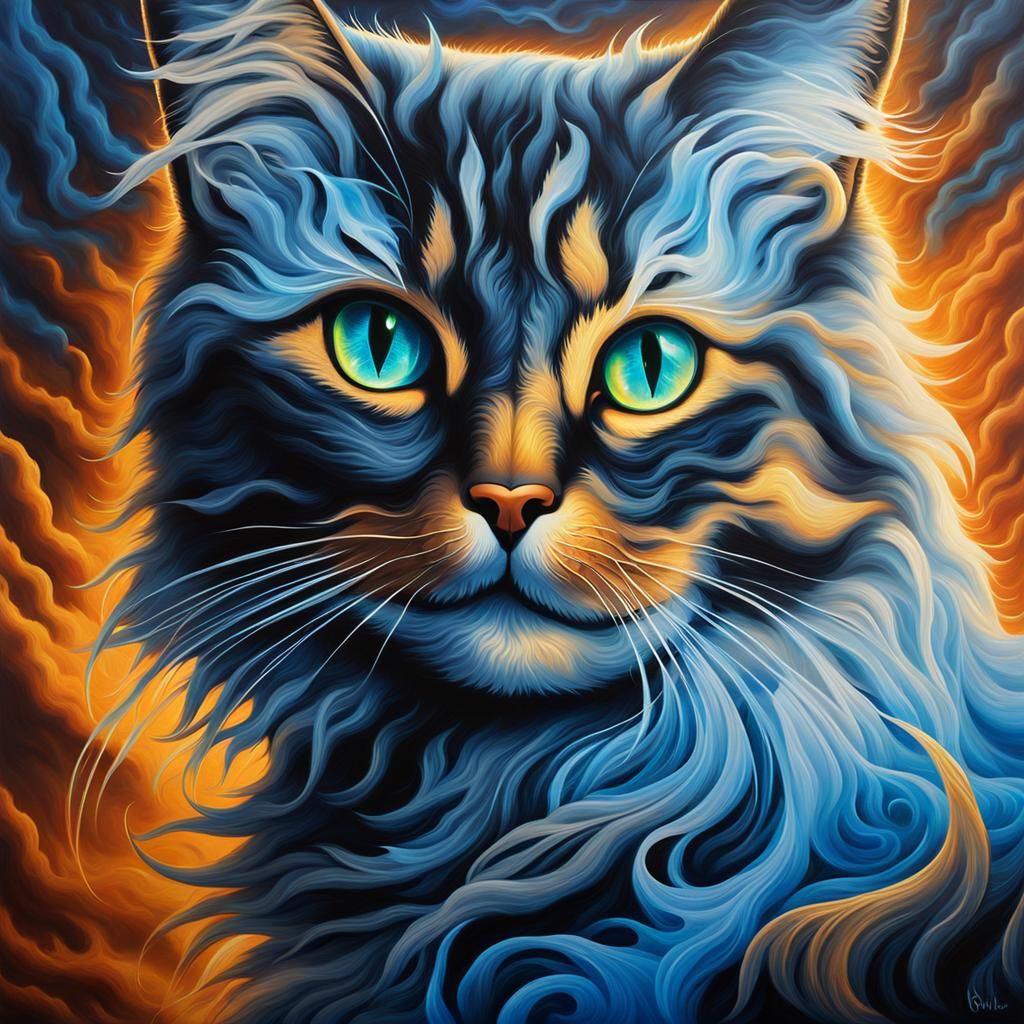 Surreal Cat Wreathed in Blue Fire, Digital Art