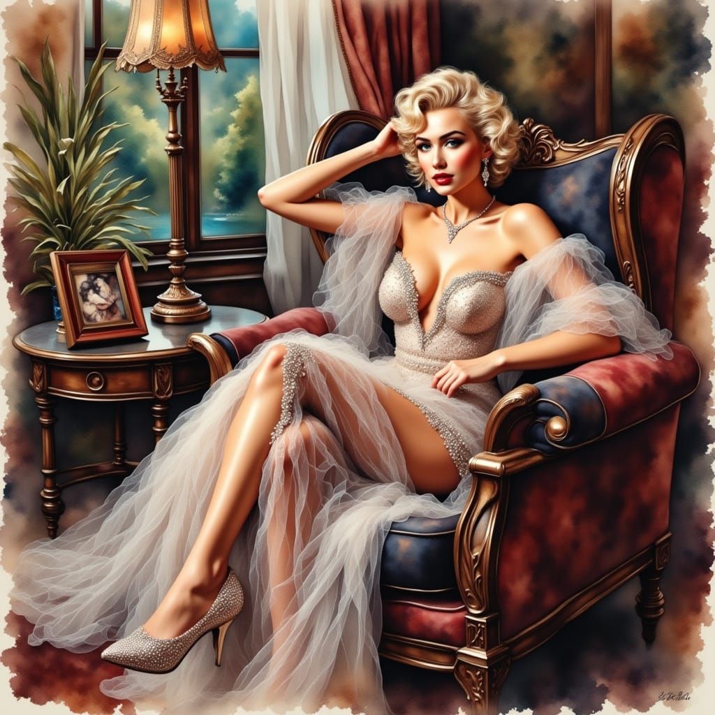 Glamorous Hollywood Star in Antique Watercolor Style