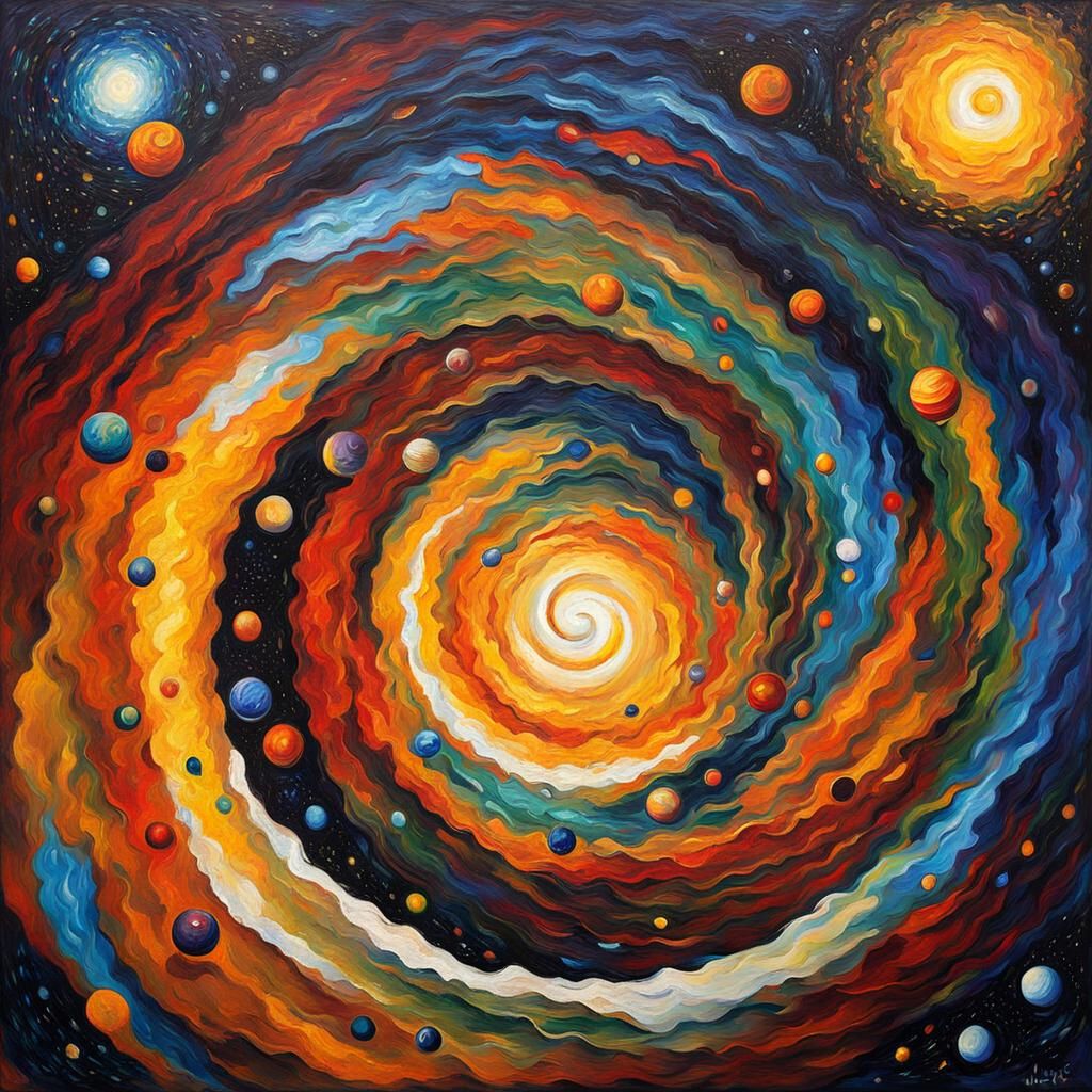 Spiral Galaxy and Solar System: Neo-Impressionist Oil Painti...
