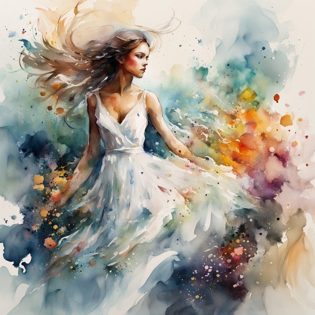 Ethereal Watercolor Fantasy: A Beautiful Woman Dancing in a ...